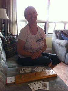 Here's my mom, winning a second game of cribbage in a row.
