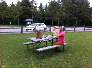 At the picnic table, just finishing our dinner.